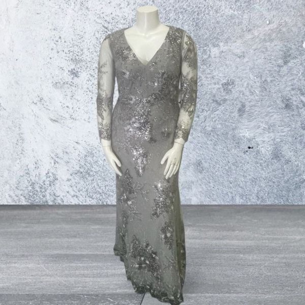 Mac Duggal Silver Sheer Sleeve Beaded Lace Layer Gown